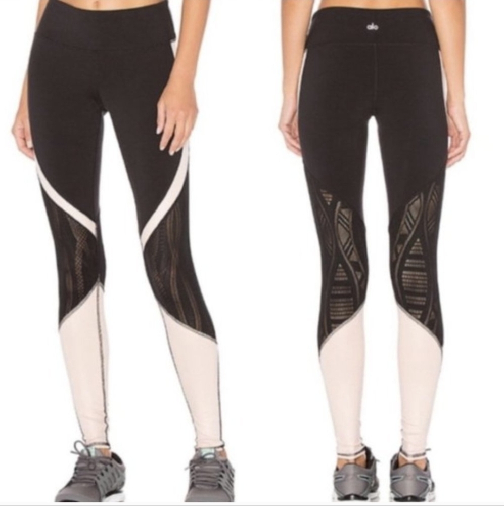 ALO Yoga Black and Blush Colorblock Mesh High-Waist Leggings
